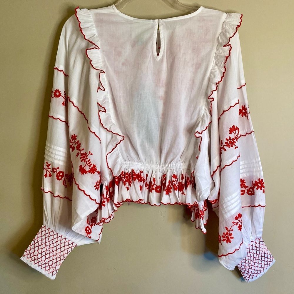 NEW FARM Rio Off-White with Red Embroidered Long Sleeve Blouse Cotton Size XXS - Picture 15 of 16